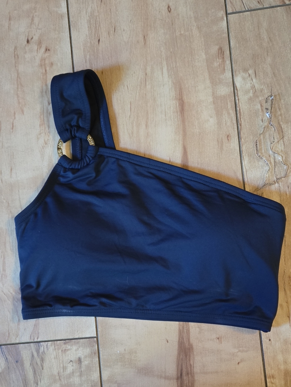 MICHAEL Michael Kors Navy One-Shoulder Bikini Swim Top with Gold Ring